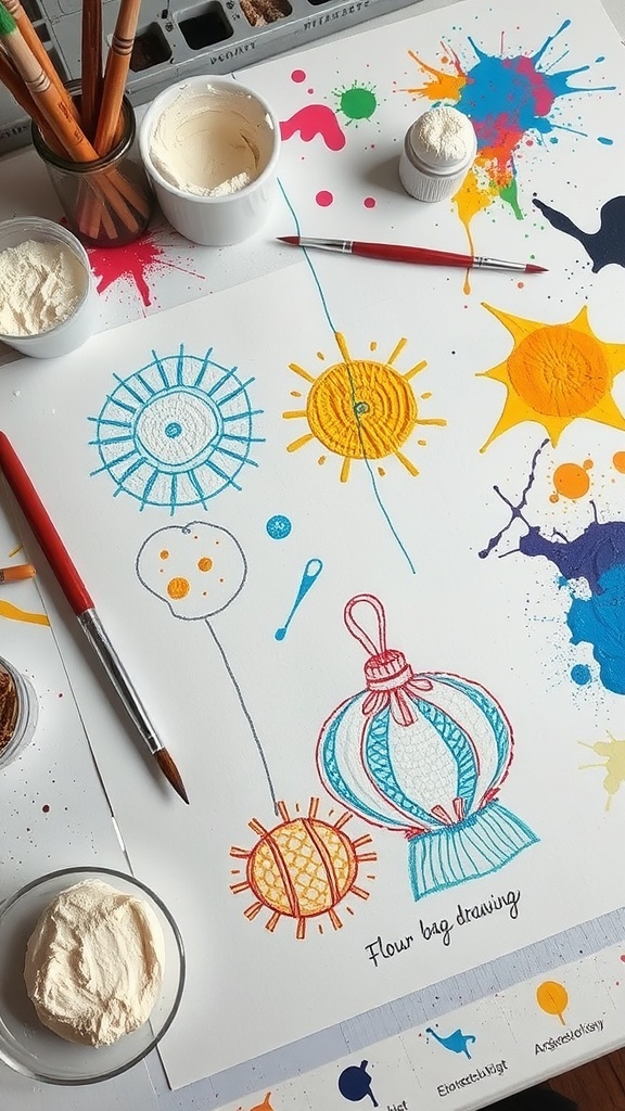 Flour bag drawings with textured patterns and colors on paper, surrounded by art supplies.